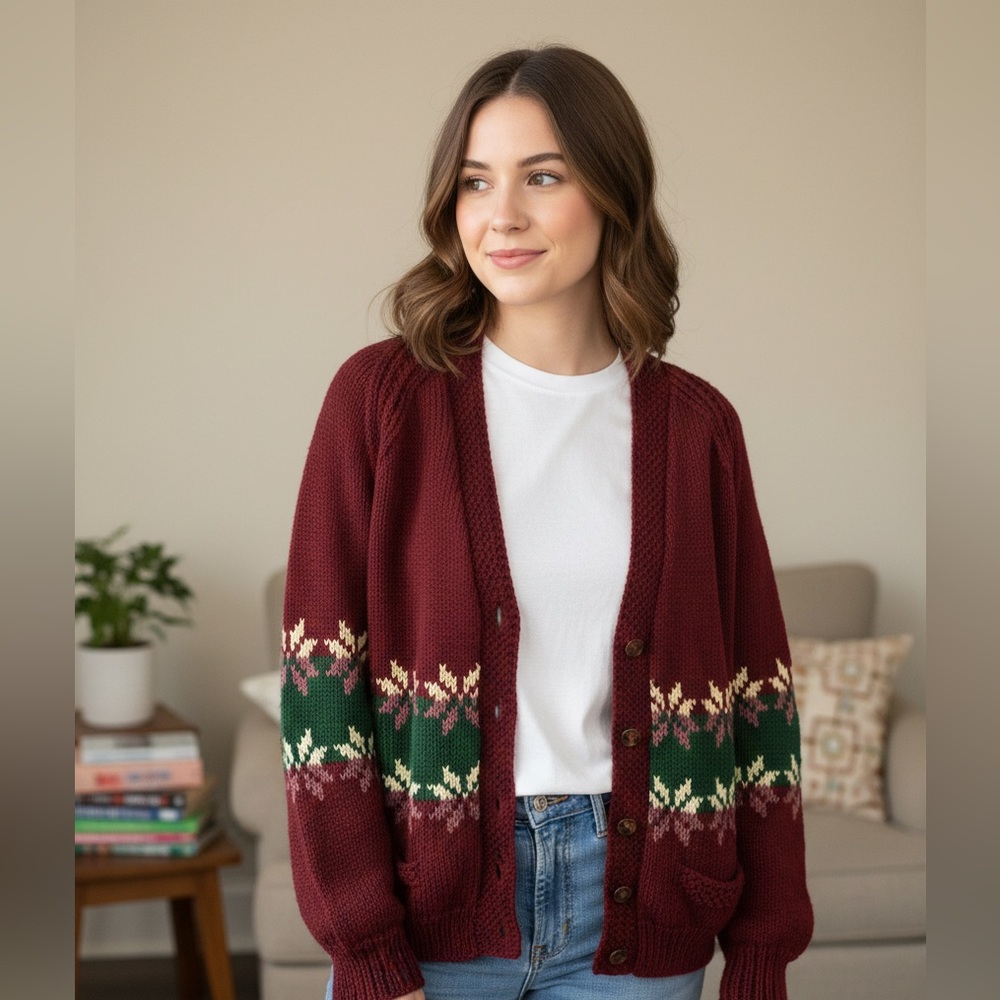 Dark Red Knit Cardigan with Floral Pattern Handmade